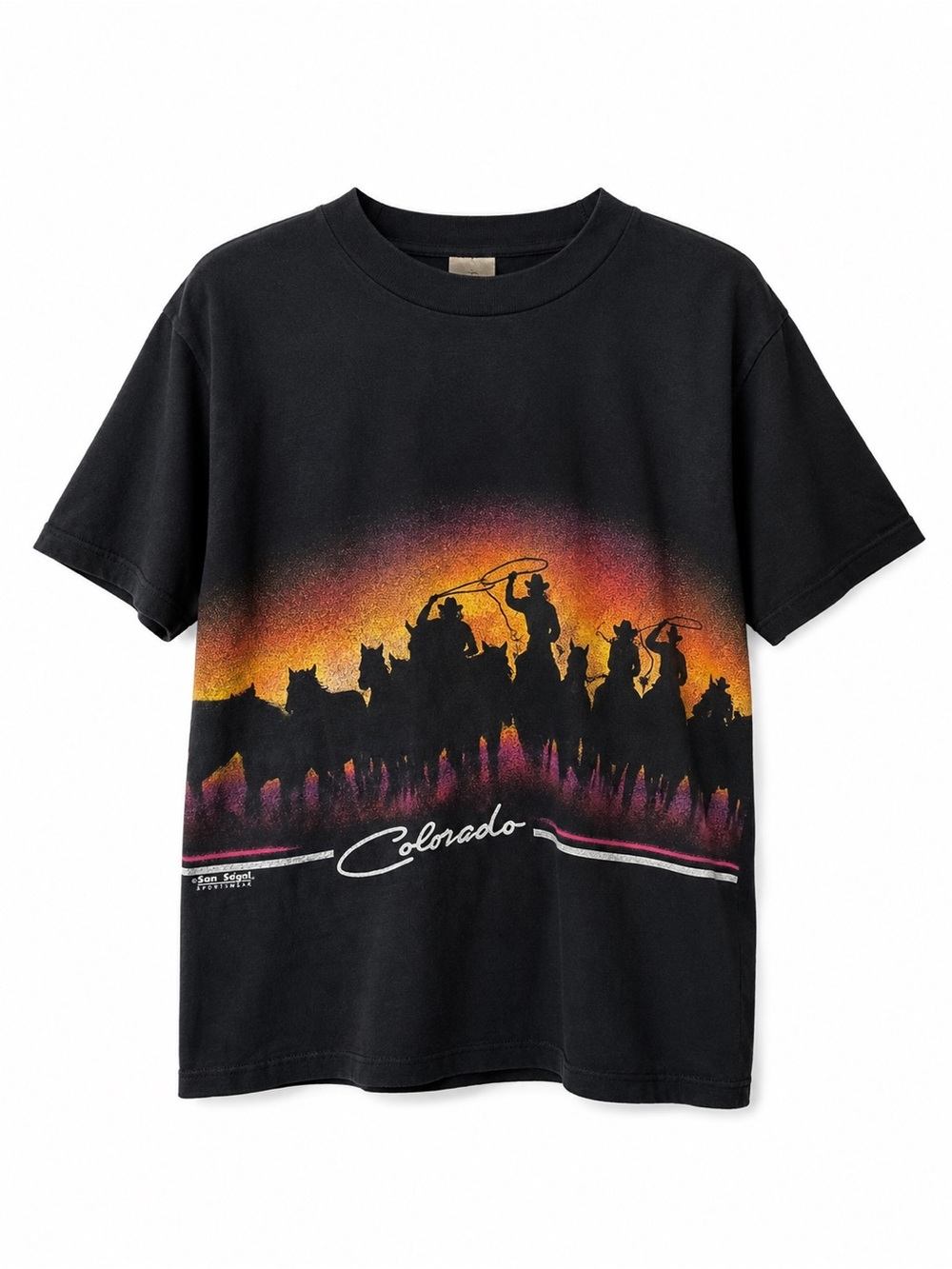 Vintage 1991 Colorado Cowboy Wrap Around Sunset Graphic Tee Oneita USA Large